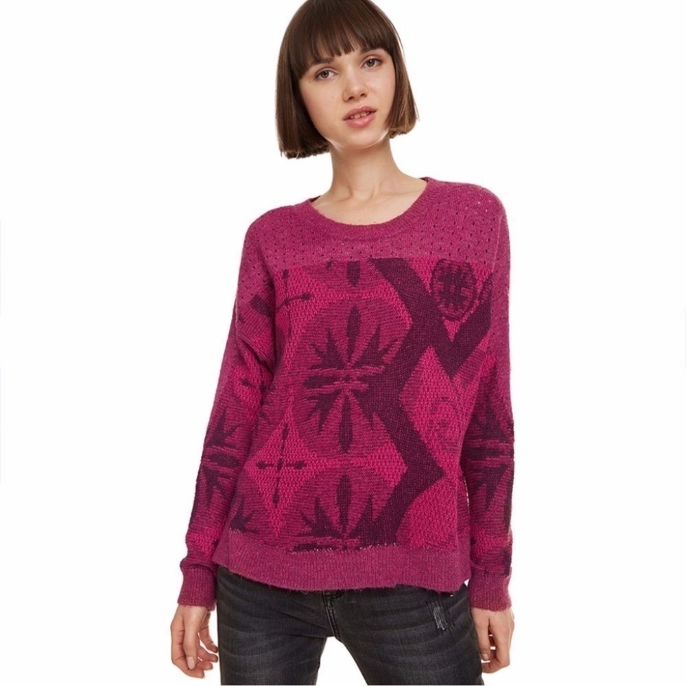 Desigual SMALL Malaku Flat Knit Thick Gauge Sweater Cotton blend magenta pink